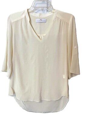 Amanda Uprichard Women's Silk Short Sleeve Blouse V Neck Top Roll Up Sleeves
